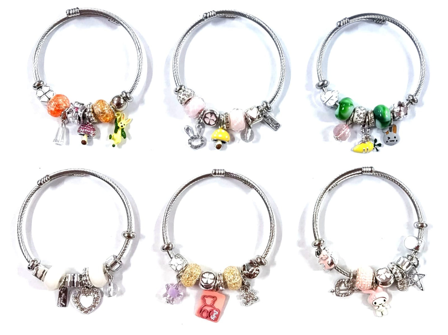 Pulsera TIPO PANDORA EN PAQUETE DE 12 PIEZAS COLOR PLATEADO